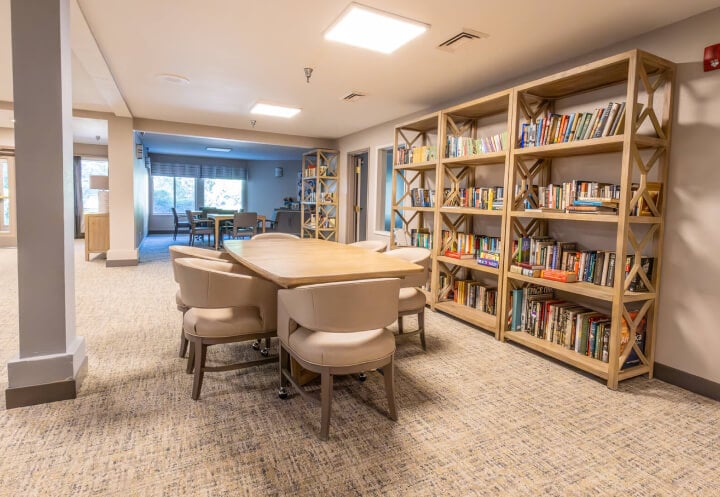 Well-Stocked Library Study Area for Seniors at Independent Living Community